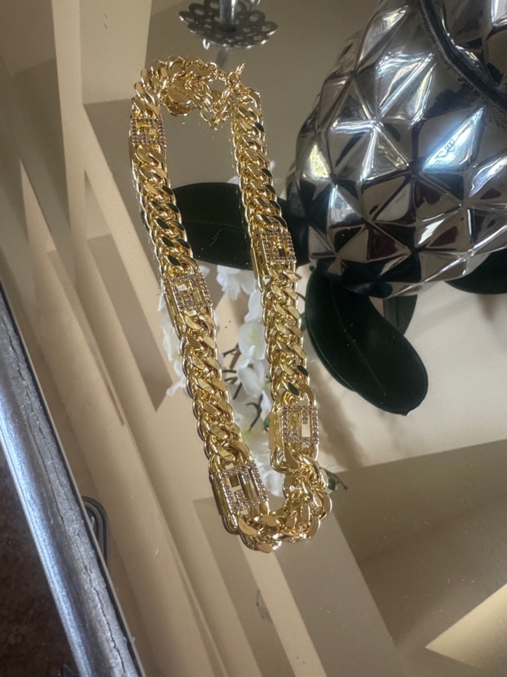 Fendi Gold Chain Necklace with Crystal-Embellished Links - Picture 13 of 14
